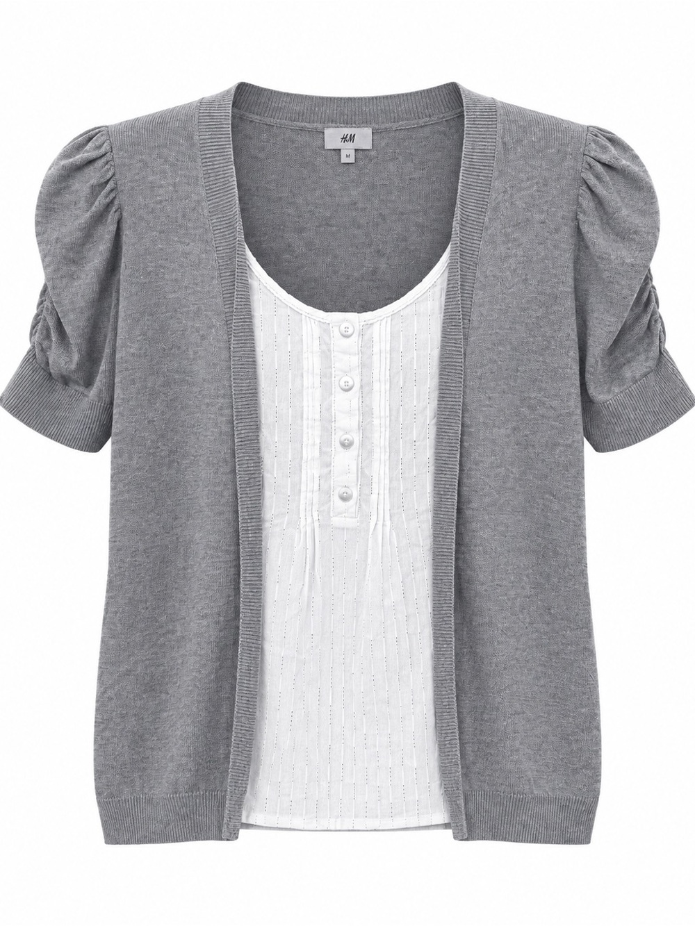 Rochas Gray Short-Sleeve Open Cardigan with White Henley Front